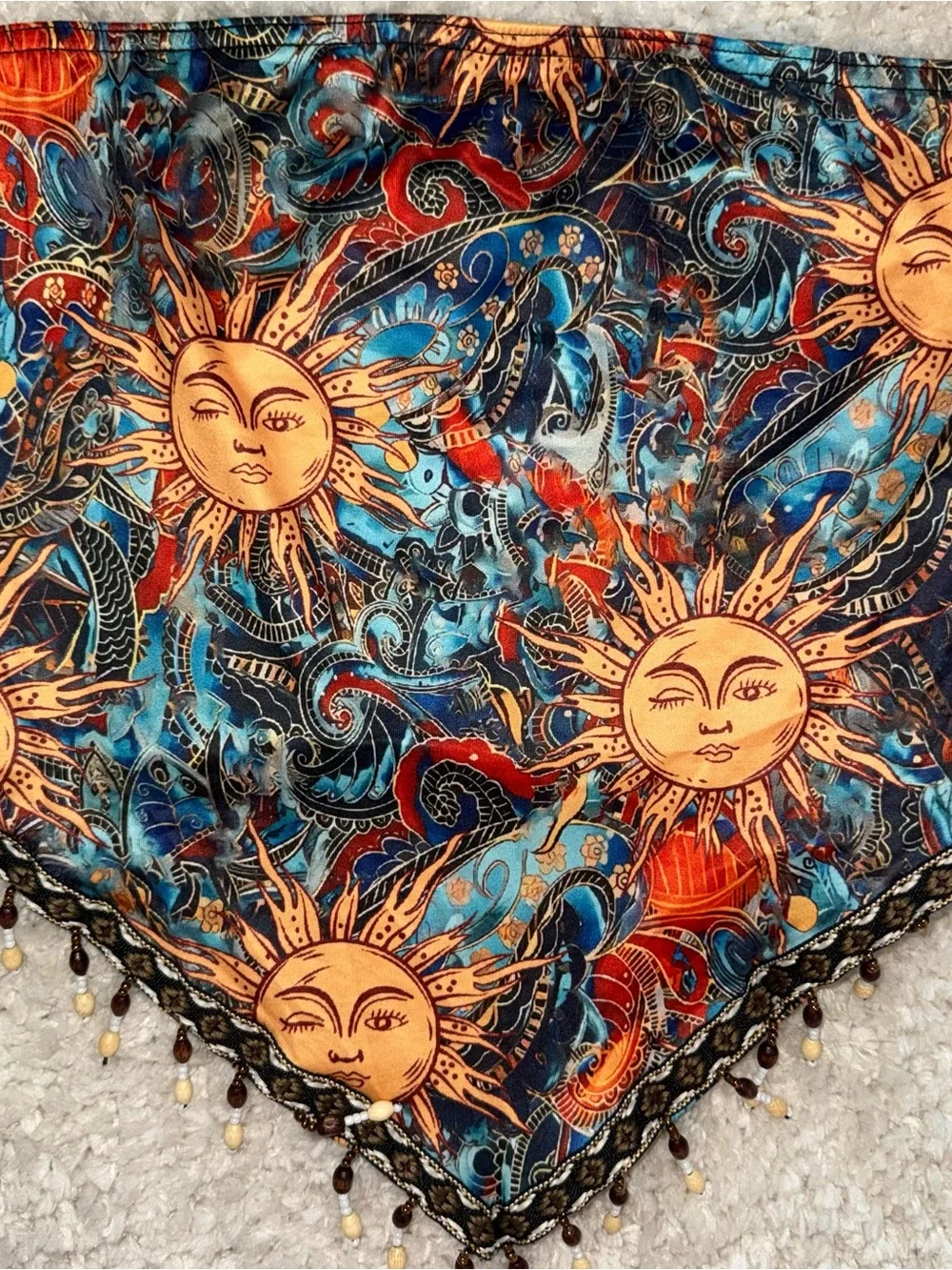 Bohemian Sun Motif Triangle Crop Top - Blue & Orange